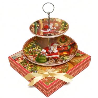Imagem de Prato redondo vermelho de porcelana com suporte de frutas para bolo de Natal com caixa de presente, conjunto de exibição de cupcake, bandeja de confeitaria de cerâmica, bandeja de torres para