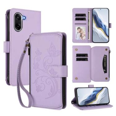 Imagem de Capa carteira para OnePlus Nord CE5 com porta-cartão, bolso com zíper e alça longa - capa fólio de couro com fecho magnético, suporte, capa feminina anti-impressão digital (roxo claro)