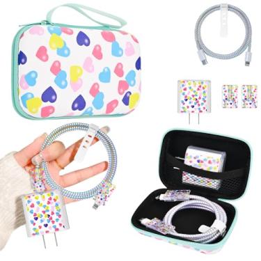 Imagem de Conjunto de armazenamento de capa de carregador de telefone com protetor de cabo de coração fofo com bolsa de transporte, organizador de cabos, organizador de fones de ouvido USB, protetor de