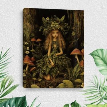 Imagem de Arte de parede em tela vintage de fadas, pinturas de arte emolduradas retrô de elfos e cogumelos, decoração de parede, estampa de objetos estéticos de floresta mágica para banheiro, cozinha, quarto