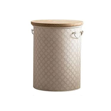 Imagem de VHDY85KA Caixotes de armazenamento rústicos de mesa, mesa lateral de metal, banquinho de mesa de centro pequeno, assento otomano com tampa de madeira redonda, mesa de centro de 39 x 49 cm