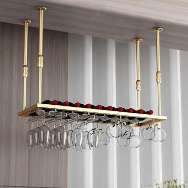 Imagem de Rack de teto para copos de vinho, rack de vinho suspenso com suporte de vidro, suporte de garrafa de vinho de metal de camada única, rack de exibição de armazenamento de vinho, para bar, cozinha (cor