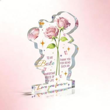 Imagem de Sinais e placas decorativas de acrílico "To My Bestie" - rosas rosas e brilhos - Presente ideal para melhores amigos, Dia de Galentine ou aniversário da amizade