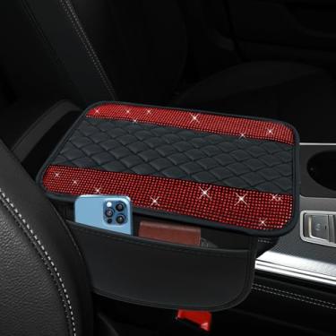 Imagem de ongfuwu Capa de couro brilhante para console central de carro, capa de descanso de braço automotivo de strass de cristal com bolsos laterais, protetor universal de apoio de braço para veículos