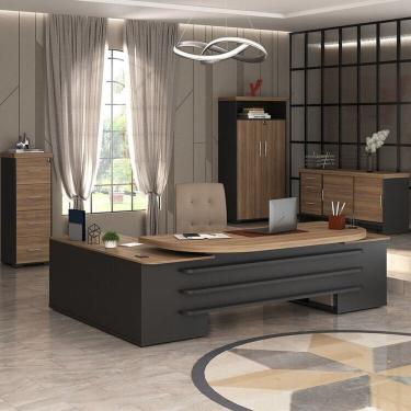 Imagem de Conjunto Mesa Presidente Balcão Tamburato Armário com Nicho Arquivo Nogal / Preto