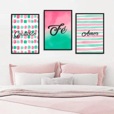 Imagem de Kit 3 Quadros Decorativos Gratidão, Amor, Fé Rosa/Verde