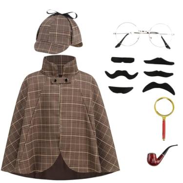Imagem de AGCOAH Fantasia infantil de detetive para meninas, meninos, 6 peças para cosplay de Halloween (3-12 anos), Marrom, 15.7inch