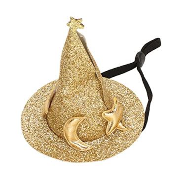 Imagem de Cartola de Pequeno Animal, Alça de Queixo Ajustável Lua Estrela Padrão Chapéu de Hamster de Pelúcia Curto Decoração de Gancho e Laço para Cobaias de Coelho (Ouro)