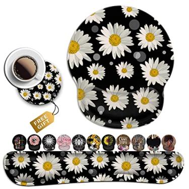 Imagem de Mouse pads para mesa para mulheres, teclado de espuma de memória macia, descanso de pulso ergonômico, base de mouse ergonômica, suporte de pulso e conjunto de porta-copos para teclado, margaridas brancas e decoração de almofada de mesa preta