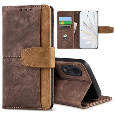 Imagem de GANGANPRO Coldre de couro para celular de negócios para Honor Magic 5, capa flip antiderrapante resistente a arranhões com suporte para cartão, capa carteira com suporte de 6,73 polegadas - marrom