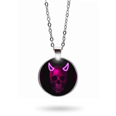Imagem de Colar Caveira Rosa Neon com Chifres Unissex - RECANTO ASTRAL