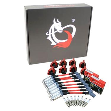 Imagem de Conjunto de ignição DRAGON FIRE PERFORMANCE com bobinas de ignição quadradas Velas de Irídio e fios de vela de ignição de 10 mm compatíveis com 99-07 GM Truck SUV LS SUBSTITUI 19418993 12556393 D581 Kit de ajuste OEM-1002