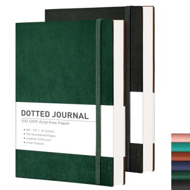 Imagem de RETTACY Caderno de diário pontilhado, pacote com 2, 192 páginas numeradas por pacote, tamanho médio B5 (19 cm × 25 cm), capa macia de couro, papel grosso 100 GSM, para diário (preto e verde escuro)
