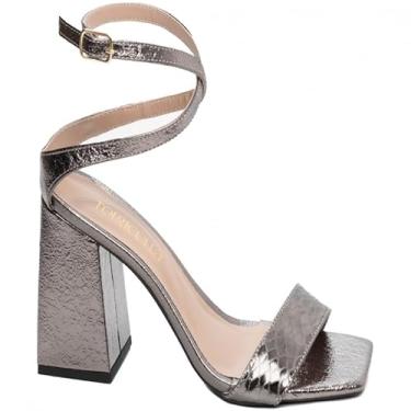 Imagem de Sandália Feminino Napa Metalizado Salto Grosso 9 (Prata Velho, BR, Adulto, Numérico, 36)