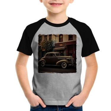 Imagem de Camiseta Raglan Infantil Carro antigo na cidade - Foca na Moda, Cinza,