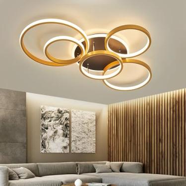 Imagem de Escurecimento remoto Preto/Ouro Minimalista Moderno led luzes de teto para sala de estar quarto Decoração de casa AC110-240V lâmpada de teto LED Luminária (Dourado, 6 anéis L80*W52CM)