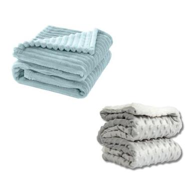 Imagem de Cobertor Kit 2pçs Bebê Wave Berço Azul e Pipoquinha Cinza - Neném Na N