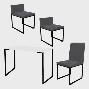 Imagem de Kit Mesa Escrivaninha com Cadeira Stan e 2 Poltronas Lee Tampo Branco Ferro Preto Suede Cinza - Ahz Móveis
