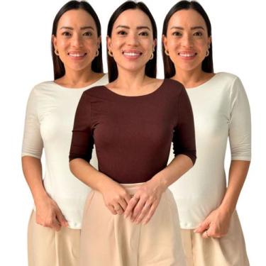 Imagem de Kit 3 Blusas Feminina Manga 3/4 com Abertura nas Costas - Maranne, Kit