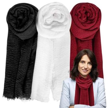 Imagem de Cachecol feminino 3 peças, 3 cores, 94 x 189 cm, xales plissados para mulheres com borda franjada, cachecol de inverno de algodão suave para a pele para uso ao ar livre, presentes para mulheres