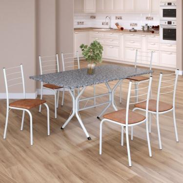 Imagem de Conjunto Sala De Jantar Mesa Retangular 140x75cm Tampo Granito Ocre 6 Cadeiras Rio C. Marrom - Branco