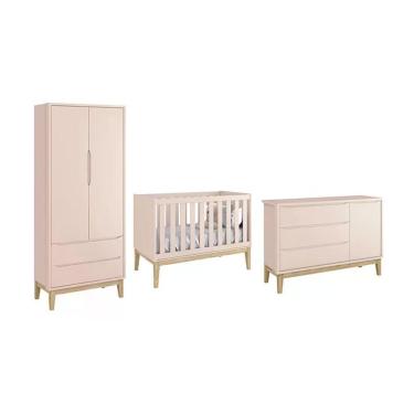 Imagem de Dormitório Classic 2 Portas E Cômoda Com Porta Rosa Com Pés Madeira Natural - Reller Móveis Rosa