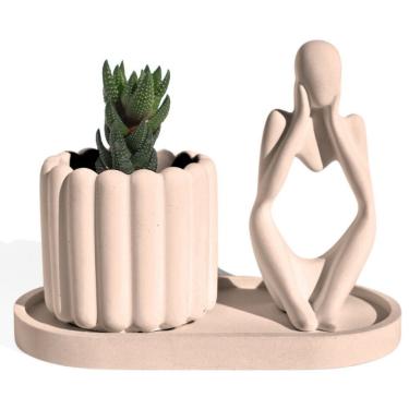 Imagem de Conjunto Decorativo 3 Peças Estátua Pensadora Vaso Tulipa E Bandeja Palha