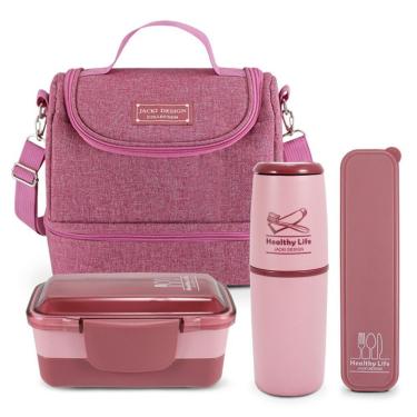 Imagem de Kit Bolsa Térmica 2 Andares, Marmita, Porta Talheres E Porta Escova Rosa