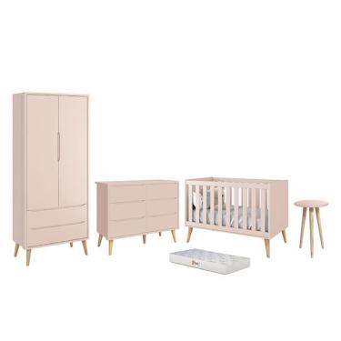 Imagem de Dormitório Infantil Theo 2 Portas, Cômoda 6 Gavetas, Berço, Mesa de Canto com Pés Madeira Natural e Colchão - Reller Móveis Rosa Fosco