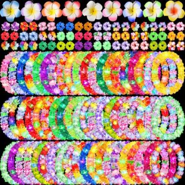 Imagem de Sherr Conjunto de 240 peças havaianas de LED Luau Leis para decoração de festa, 60 colares de flores tropicais Leis iluminados, 120 pulseiras, 60 grampos de cabelo, baile de máscaras a granel de