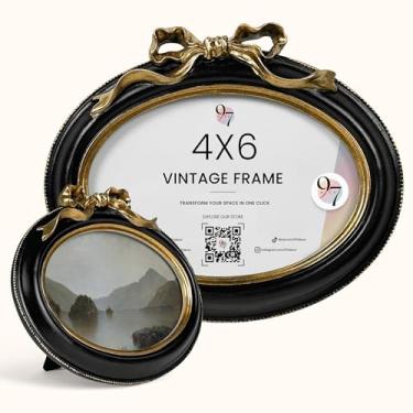 Imagem de 97 Decor Molduras vintage pretas e douradas 10 x 15 - Moldura oval com laço 10 x 15 cm, molduras antigas 10 x 15 com vidro frontal para exibição de fotos de mesa e pendurar na parede, decoração de