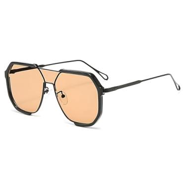 Imagem de Óculos de sol Heptagram retrô grande quadrado aviador para mulheres e homens, moda, vintage, moderno, grande, óculos de sol, Armação preta, lente champanhe