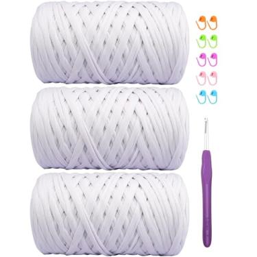Imagem de Camiseta de 400 g de tecido elástico de crochê para tricô DIY, fio de crochê grosso espaguete para mão, bolsa faça você mesmo, cesta de almofada, projetos de crochê, decoração de casa (branca)