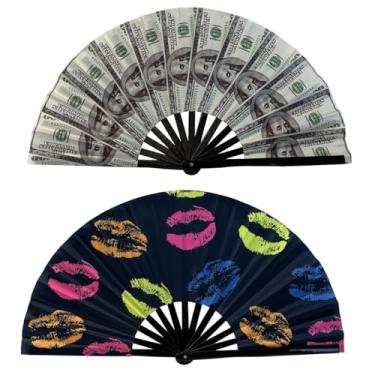 Imagem de AHBLQD Leque dobrável – pilhas de dinheiro/leque de dinheiro + lábios UV Glow Rave 63,5 cm grande bambu para Drag Queene mão dobrável presente feminino e masculino para festas, festivais de música
