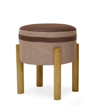 Imagem de Puff Banqueta Redondo Banco Pufe Assento Macio em Courino Tecido Linho Decorativo para Sala Escritório Apartamento Soft Évora Pés em Madeira (Bege)