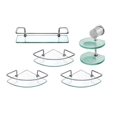 Imagem de Kit Acessórios para Banheiro em Vidro e Alumínio, Prateleira Reta 30x10cm, Porta Shampoo Cantoneira, Saboneteira Dupla Oval, 4 Peças