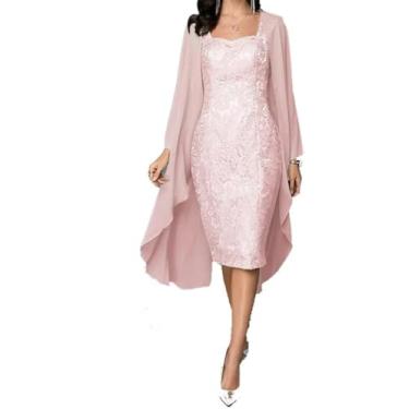 Imagem de Vestido Casual Feminino Na Altura Do Joelho Mãe Da Noiva Vestidos Conjunto De Duas Peças Vestido, Pink, XL