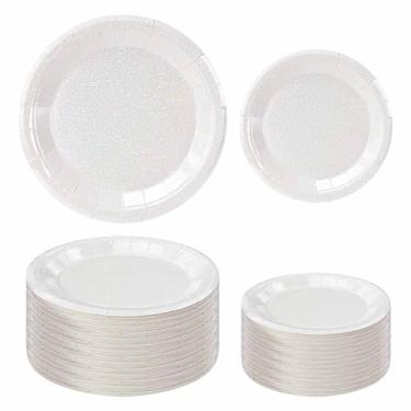 Imagem de FALIZIFU 50 peças de pratos brancos iridescentes de 65 × 19 cm e 65 × 23 cm pratos brancos descartáveis para chá de bebê, festa de aniversário, prato de sobremesa descartável