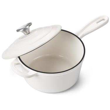 Imagem de Onader Panela de 2 litros de forno holandês, panela de ferro fundido esmaltado com tampa, panela de cozinha pequena, antiaderente e segura para forno – branca