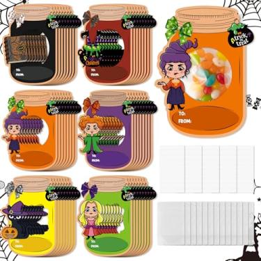 Imagem de TICIAGA Conjunto de 48 conjuntos de enchimentos de saco de petisco de Halloween com cartões de presente Happy Halloween Mason Jar Suporte de doces para crianças, faça você mesmo, Halloween, bruxas,
