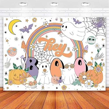 Imagem de Avezano Hey Boo Pano de fundo retrô Groovy Rainbow Halloween decorações de chá de bebê Boo Pumpkin Baby Shower Party Banner Sobremesa Mesa Photo Booth Props (2,1 x 1,5 m, 82 x 59 polegadas)