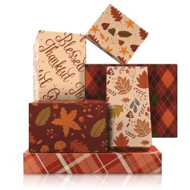 Imagem de Papel de embrulho de Ação de Graças, 6 designs de folhas de bordo, bolota, cogumelo, xadrez, papel de embrulho para presente de outono, tema de colheita de outono, papel de arte agradecido para o dia