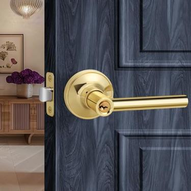 Imagem de LOQRON Maçaneta de porta de entrada com chave estilo redondo com trava, acabamento em latão polido