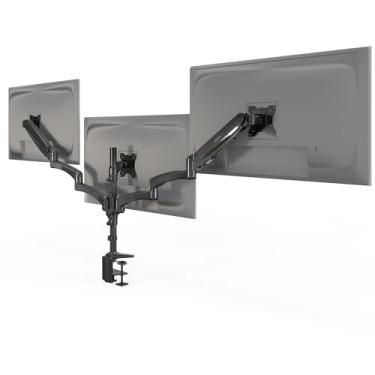 Imagem de Mount-It! Suporte de mesa para monitor triplo com braços de movimento total, 3 elevadores de monitor com braços de mola a gás para telas de computador de 27, 30 e 32 polegadas