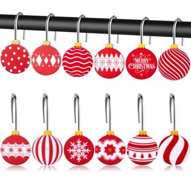 Imagem de MALLMALL6 Ganchos de cortina de chuveiro de Natal - 12 peças bola de Natal vermelha branca cabides decorativos de metal à prova de ferrugem para banheiro decoração de férias de inverno acessórios com