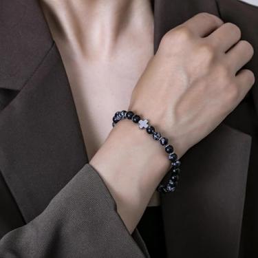 Imagem de Pulseira de contas feita à mão para homens e mulheres, cordão elástico com pedra natural e contas de destaque, joia de pulso ajustável, 7.68Inches, Ágata, Sem Pedra Preciosa