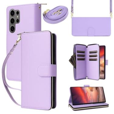 Imagem de Capa carteira para Samsung Galaxy S24 Ultra com cordão ajustável e alça de pulso - Couro sintético durável e TPU, 9 compartimentos para cartão, fecho magnético, suporte, capa de proteção total à prova