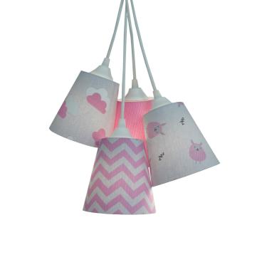 Imagem de Lustre Pendente Luminária Bebê Nuvens e Carneirinhos Cinza e Rosa Bivolt