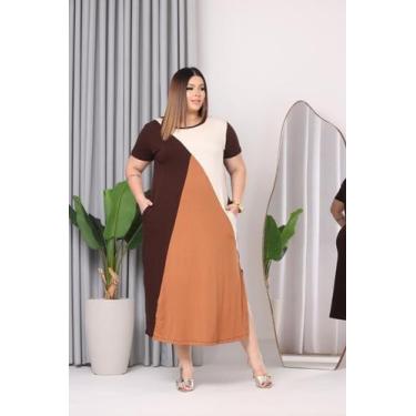 Imagem de Vestido Feminino Chemise Tricolor Plus Size Bolsos Funcionais Fenda El