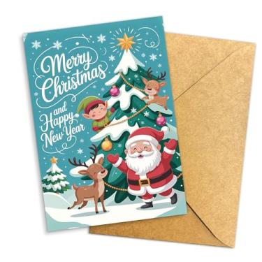 Imagem de Podagree Cartão de felicitações Feliz Natal e Feliz Ano Novo, Papai Noel fofo com rena e elfo, cartão festivo de Natal para crianças, família e amigos – 20 x 13 cm com envelope Kraft
